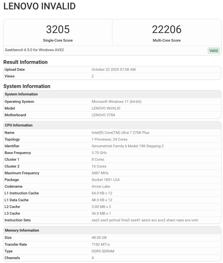 Geekbench adatbázisban az Intel Core Ultra 270K Plus
