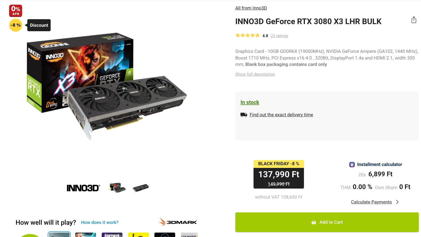 Nvidia RTX 3080 az Alza oldalán