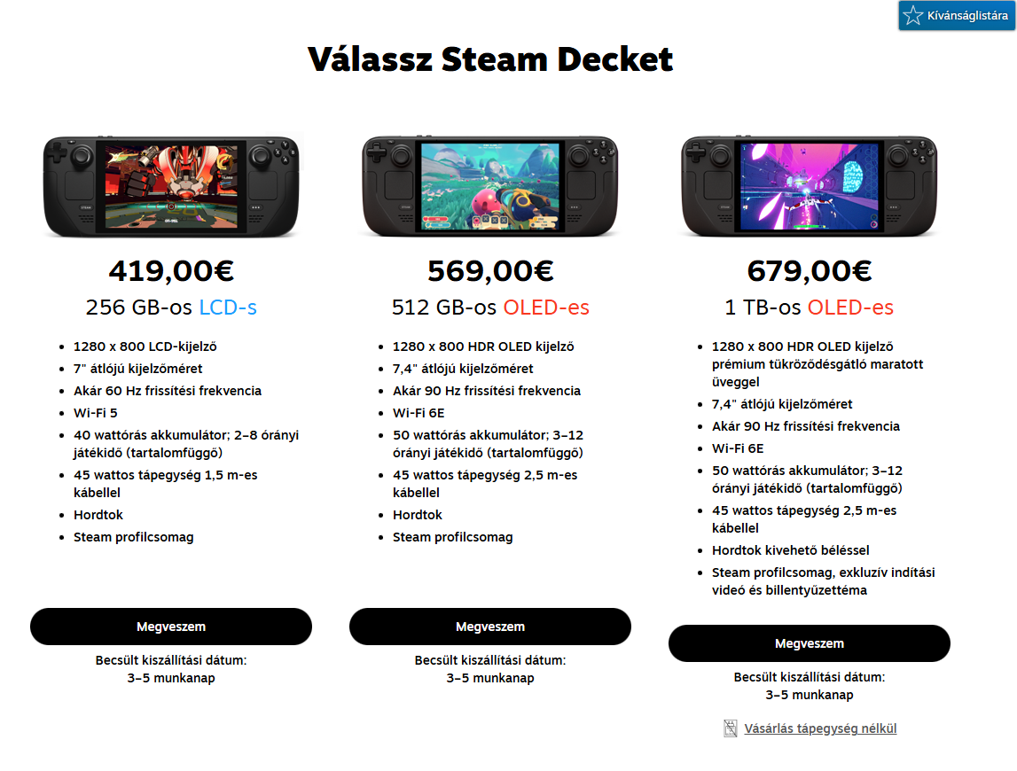 A jelenlegi Steam Deck felhozatal