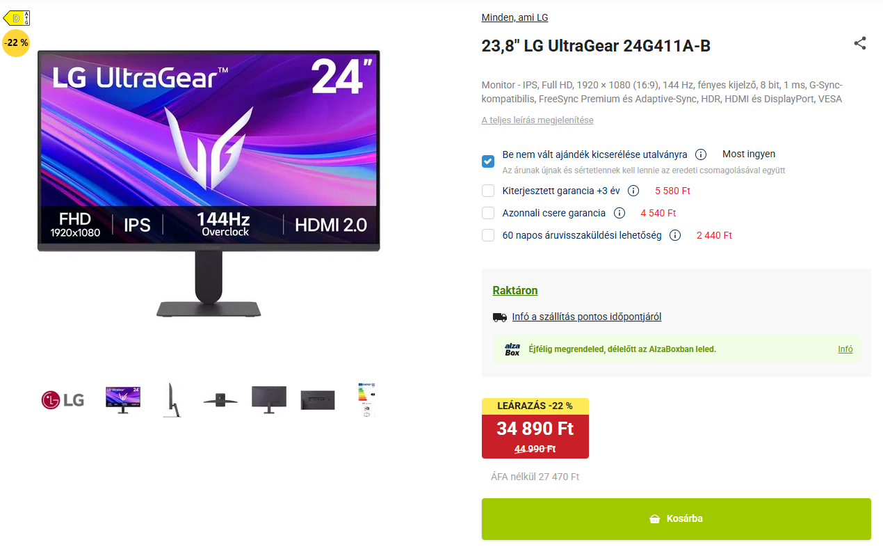 Gamer monitor az Alza felületén