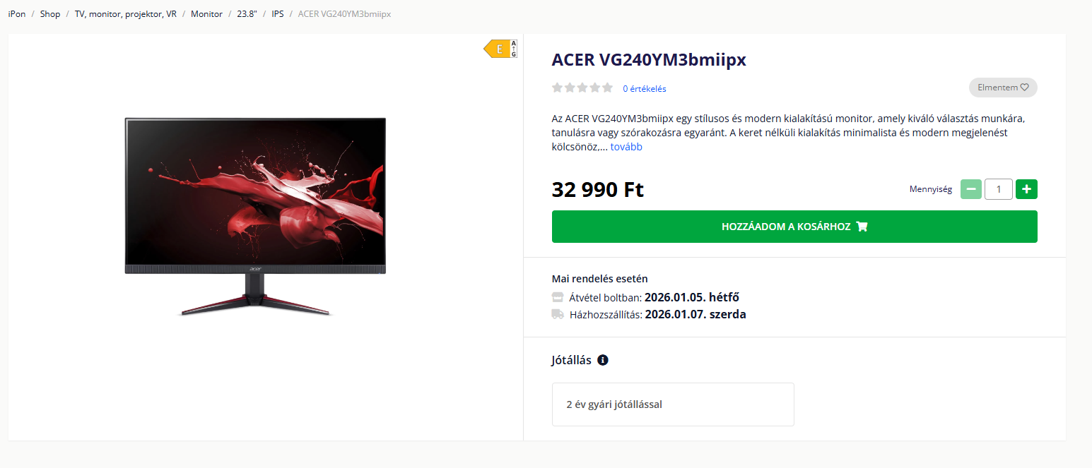 ACER gamer monitor az iPon.hu felületén